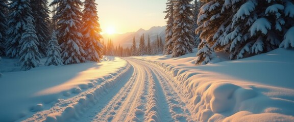 Poster - Winter wonderland landscape with snow-covered road, trees, and golden sunlight creating a serene and peaceful natural scene.
