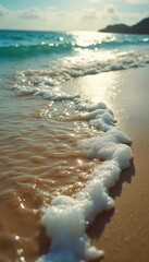 Poster - Gentle Waves Washing Ashore on a Sunny Beach - A Tranquil Coastal Scene with Foamy Water