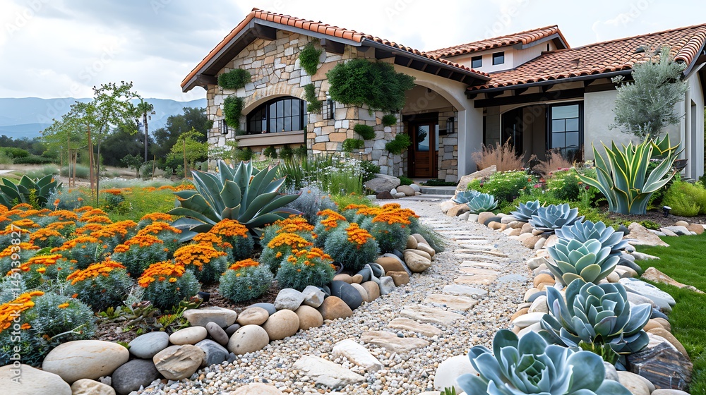 Mediterranean house with lush water-wise landscaping and floral touches ...