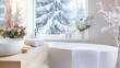 © Friendly Studio - Serene winter bathroom with minimalist white decor, snow-inspired textures, and clean architecture