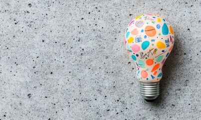 colorful lightbulb with abstract designs on a light gray concrete background. the bulb is decorated 