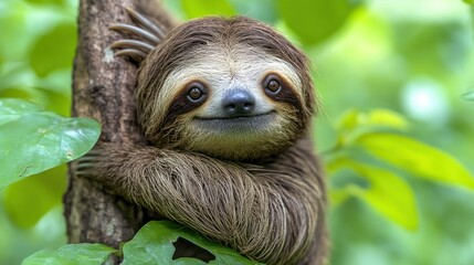 close-up portrait of a cute smiling sloth clinging to a tree trunk