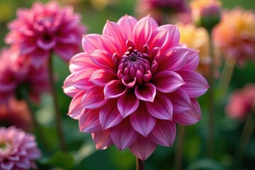 Wall Mural - Intricate dahlia blooms, vibrant petals, lush garden setting, white, elegant, texture