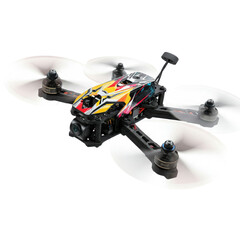 Poster - Racing drone with a compact frame, colorful decals, and a motion blur effect on propellers, isolated on solid white.