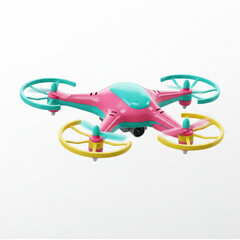 Poster - Toy drone with colorful propeller guards and smiley decals, hovering in playful tilt on a pure white background.