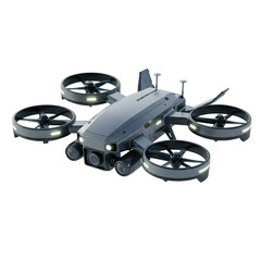 Fototapete - Underwater-capable aerial drone hybrid with a waterproof frame, folded rotors, and lights on, displayed on white.floating in mid air, top view