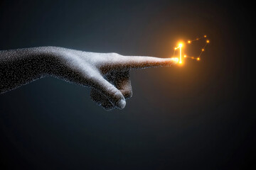 Poster - Side view digital hand with glowing fingertip touching network connection, futuristic technology concept, innovation, abstract background, creative energy