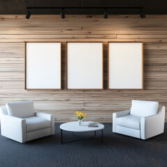 Poster - Three large blank wooden frames hang on light wood wall above two modern white armchairs and round coffee table with yellow flowers, creating calm, minimalist lounge
