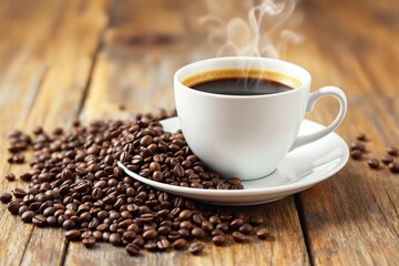 Poster - Steaming cup of coffee with roasted beans on rustic wooden table.