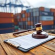© Five Million Stock - Gavel on legal document with shipping containers in background representing maritime law and international trade