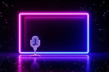 Poster - Neon microphone with glowing frame on dark background.