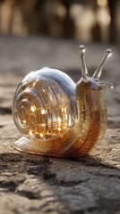 Fototapete - Elegant Glass Snail Sculpture with Soft Lighting on a Natural Stone Background : Generative AI