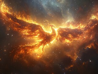 Wall Mural - fiery cosmic nebula shaped like a majestic phoenix spreading its wings across the night sky