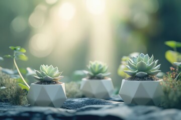 three succulents in geometric pots sit on a textured surface, bathed in soft, diffused sunlight agai