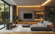 © iting - Modern living room, minimalist design, garden view, ambient lighting, interior design
