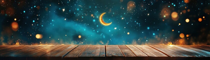 Poster - Golden Crescent Moon on Starry Night Sky with Wooden Table Background for Ramadan Eid Celebration with Shimmering Light Bokeh Effects and Festive Decorations