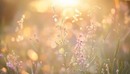 Poster - Golden Meadow Grass and Wildflowers in Warm Sunlight with Bokeh Background
