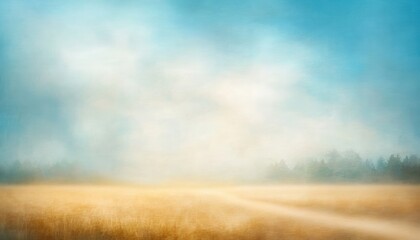Poster - Golden Wheat Field Under Soft Blue Sky Landscape With Distant Trees Tranquil Rural Scene in Warm Hues Artistic Painted Texture Peaceful Summer Day Backdrop