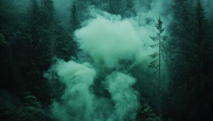 Poster - Misty Green Forest with Smoky Haze Among Tall Trees and Dense Woodland Creating an Ominous and Eerie Atmospheric Scene