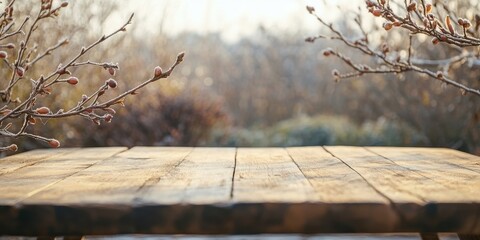 Poster - Rustic Wooden Table with Frost Covered Branches in a Soft Winter Light A Captivating Outdoor Scene with a Focus on the Natural Texture and Beauty of a Cold Winter Day
