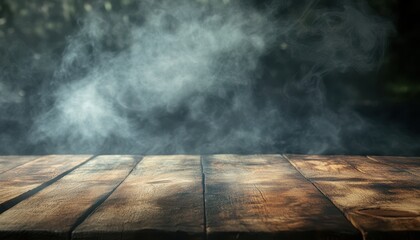 Aufkleber - Smoky Atmospheric Background with Rustic Wooden Tabletop and Blurred Green Foliage Creating a Mysterious Ambiance Ideal for Product Display or Abstract Photography