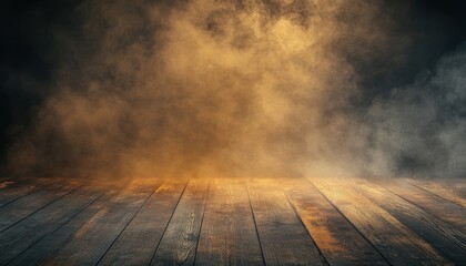 Poster - Smoky Foggy Stage Background with Wooden Floor Texture in Dark Abstract Design Weathered Surface with Aged Material Grain and Vignette