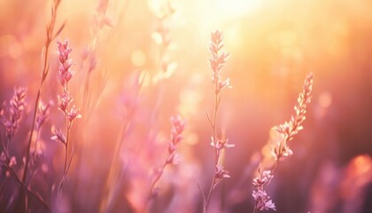 Poster - Soft Focus Lavender Field with Golden Sun Flare Warm Light Purple Flowers and Green Grass in Background Natural Beauty