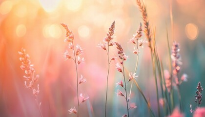 Leinwandbilder - Soft Golden Light on Meadow Grass with Delicate Pink Flowers Creates a Dreamy Bokeh Background in Warm Sunset Colors