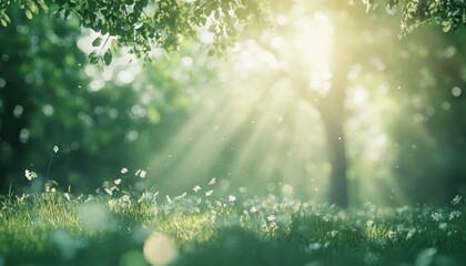 Poster - Sunlight Shining Through Trees onto a Green Grassy Field with White Flowers Creating a Peaceful and Serene Natural Scene with a Bokeh Background