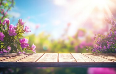 Leinwandbilder - Sunlit Spring Flower Display on Weathered Wooden Table with Blurred Green Meadow Background and Bright Pink Blooms for Seasonal Decoration