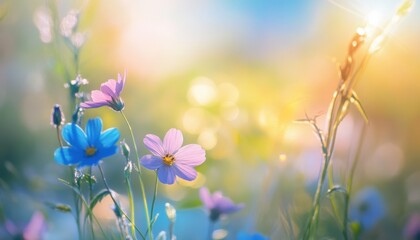 Poster - Vibrant Field of Pink and Blue Wildflowers in Soft Sunlight a Captivating Spring or Summer Meadow Scene with a Dreamy and Peaceful Atmosphere