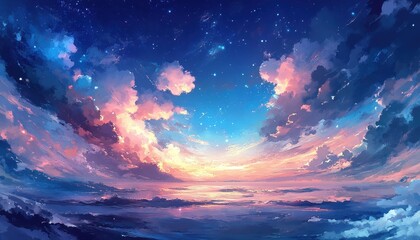 Poster - Vibrant Pastel Sky with Starry Night Reflection Digital Artwork featuring Dreamy Clouds at Sunset and Twilight Horizon