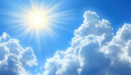 Poster - Bright Sun Shining Over Fluffy White Clouds in a Vibrant Blue Sky on a Beautiful Summer Day