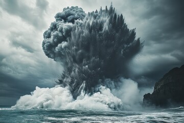 Poster - Dramatic Explosion Over Dark Blue Ocean Water Under Overcast Sky near Rocky Coastline with Towering Wave Displaying Raw Power and Chaotic Natural Force