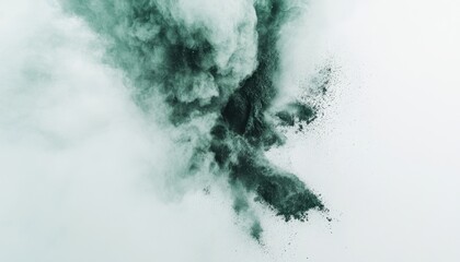 Poster - Dramatic Explosion of Fine Black Dust Against White Backdrop Creating a Dynamic Abstract Cloud Freeze Motion Effect for Art Background Texture Graphic Design