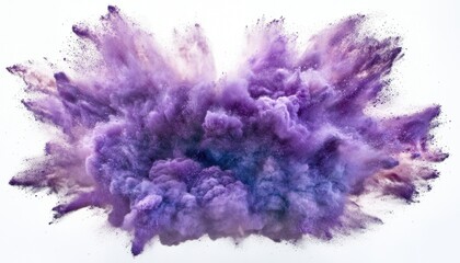 Poster - Dramatic Purple Powder Explosion Against White Backdrop in Studio Setting Creating Abstract and Vibrant Cloud of Color and Dust with Dynamic Motion and Artistic Visual Impact