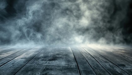 Poster - Dramatic Stage with Heavy Fog and Light on Wooden Planks in a Dark Setting Ideal for Theatrical Productions and Atmospheric Backgrounds