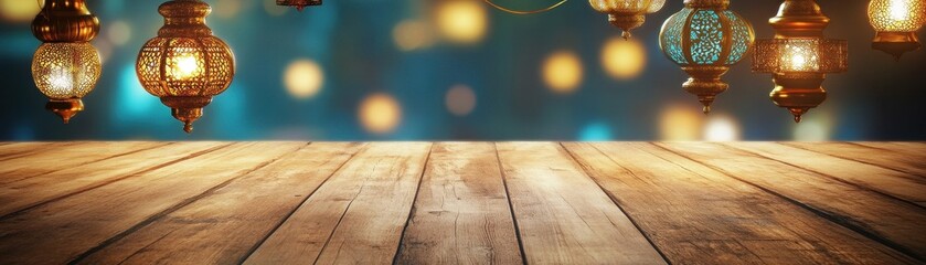 Poster - Festive Ramadan Lanterns Illuminating Warm Wooden Surface Against Defocused Teal and Golden Backdrop Creates a Warm and Inviting Ambiance for Celebration
