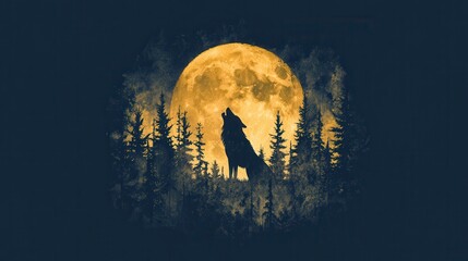  A powerful illustration of a wolf howling at the moon amidst a dense forest.