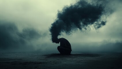 Poster - Abstract Figure Composed of Dark Smoke on a Misty Gray Landscape Featuring Atmospheric Clouds and an Ominous Moody Environment