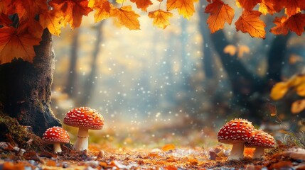 Canvas Print - red toadstools with white spots in an autumn woodland, fallen leaves abound. use for fairy tale illu