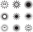 © rs_studios - Black Sun Silhouettes Clipart – Smiling Sun, Spiral Sun, Bold Rays & Sunrise Over Horizon Vector Set