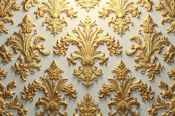 intricate floral damask pattern in muted gold tones, repeat, details