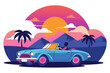 © Jannatul - Person enjoys sunset driving convertible near silhouetted palms and mountains, showing a transparent background