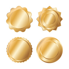 Blank golden badge, empty gold medal label vector illustration set. Gold medal winner, Golden Gradient glossy Badge Round circle Realistic Vector for winner sports awards, medallions for champion