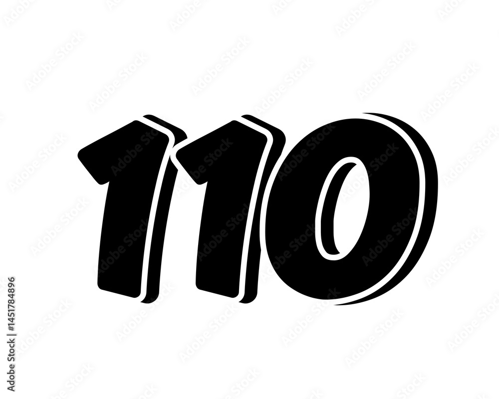 Stylized black number 110 on transparent background, with a bold, 3D ...