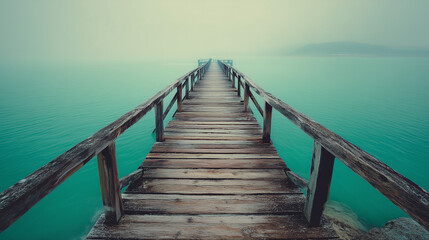  Old wooden pier stretching into turquoise misty lake