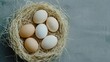 © Anastasia - Nest made of straw on a gray textured background. inside the nest, there are six eggs of different colors - one is light brown, one is white, and one is dark brown.