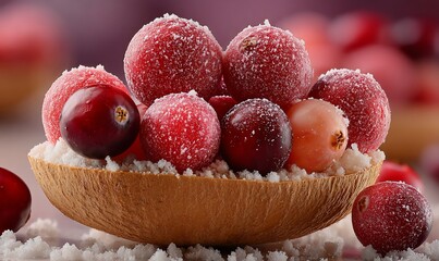 Sugared cranberries overflow a rustic wooden bowl