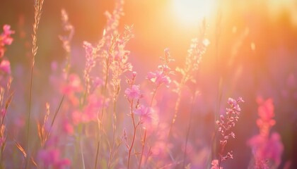 Aufkleber - Dreamy Pink Wildflowers Field at Golden Hour with Sun Flare and Blurry Background in Summer Meadow